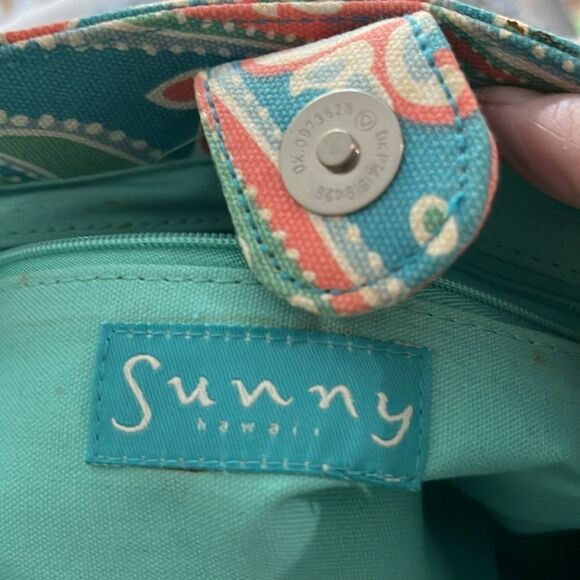 Sunny Hawaii Paisley Print Light Teal and Coral Handbag with Bamboo Handle VTG - Picture 6 of 9